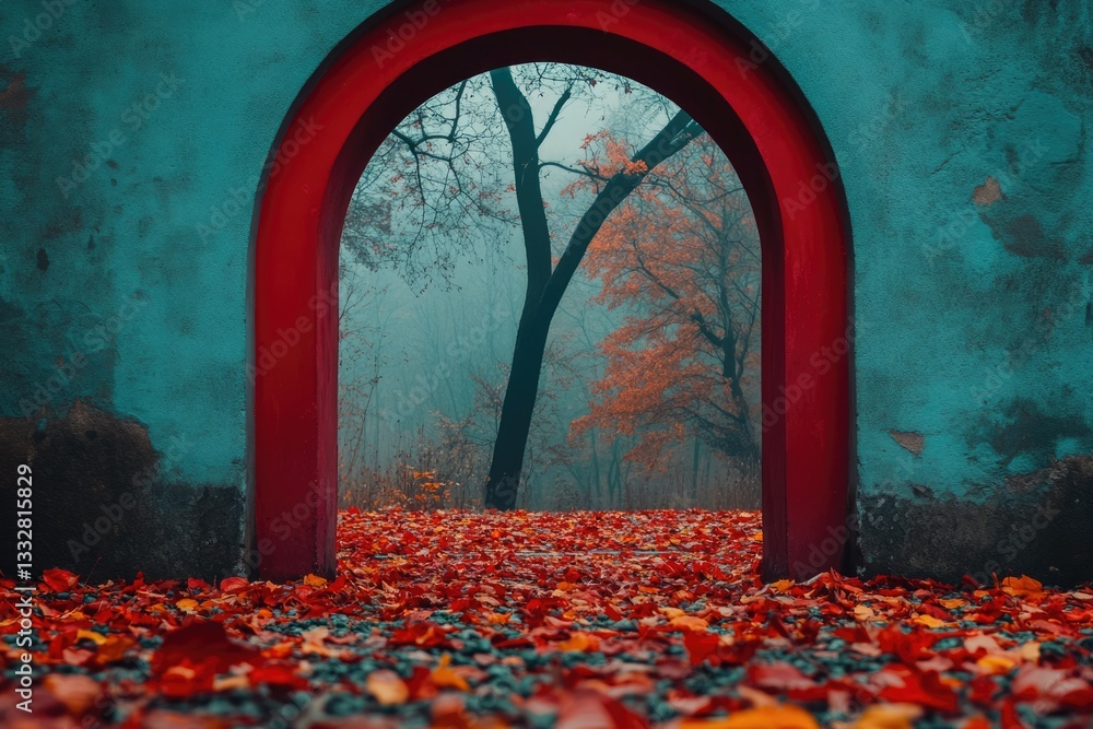 Poster a red archway frames a misty autumn scene, revealing a path covered in fallen red leaves and towerin