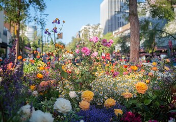 Obraz premium Vibrant Flower Bed with Colorful Blooms in Urban Environment on a Bright Sunny Day