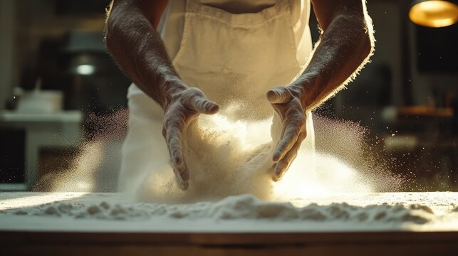 Flour dusting action bakery kitchen cooking process indoor close-up view culinary craftsmanship