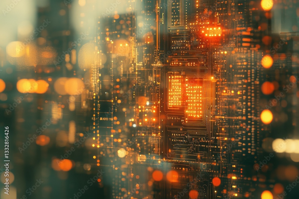 Poster abstract digital circuitry glowing with warm light, resembling a futuristic cityscape.