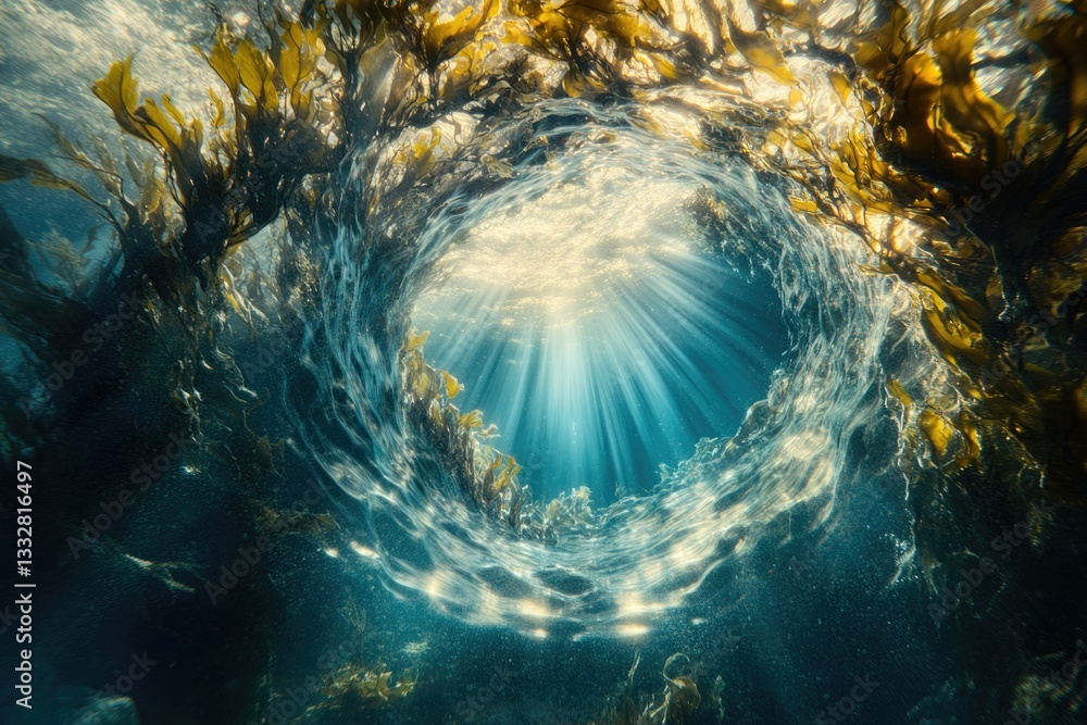 Aufkleber sunbeams illuminate an underwater kelp forest, creating a swirling, ethereal scene.
