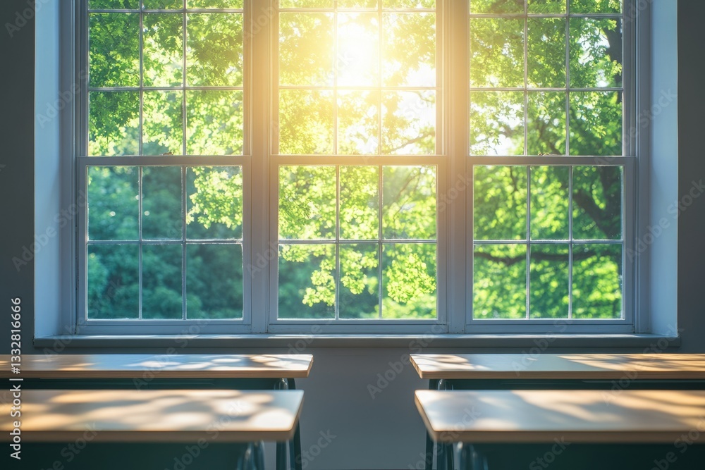 Poster Sunlight streams through large windows in a classroom, illuminating empty desks.