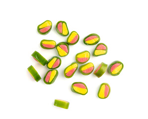 Round gummy candy piles set isolated. Small chewing colorful jellybeans, marmalade cuts, pills