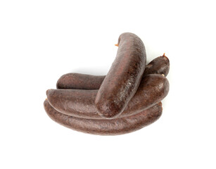 Black pudding isolated, blood sausage kaszanka, traditional Polish terrine, brawn sausages on white