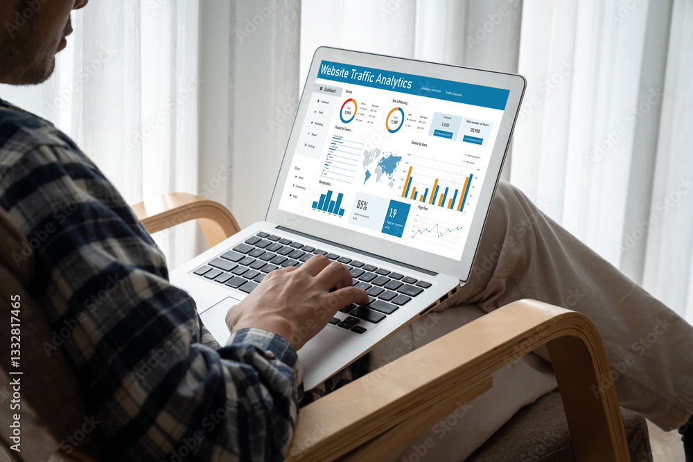 Poster computer software for website traffic analytics data on computer screen. concept of seo search engin