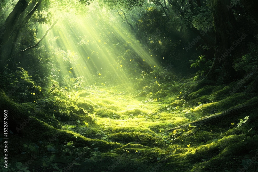 Poster sunbeams illuminate a mystical forest floor, covered in lush green moss and ancient trees.