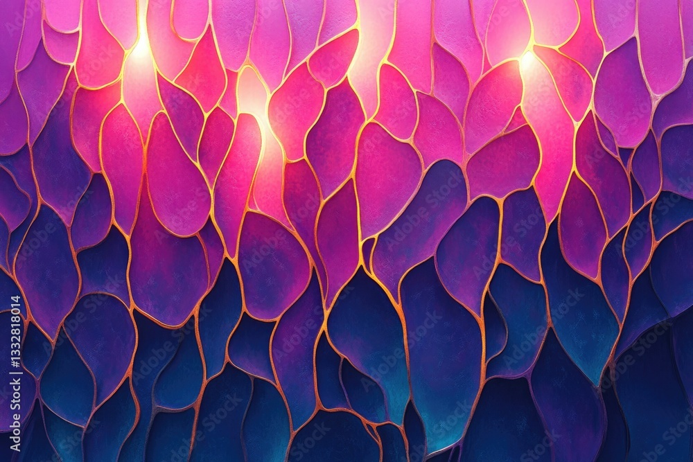 Poster abstract art depicting vibrant pink and purple organic shapes with gold outlining, creating a mesmer
