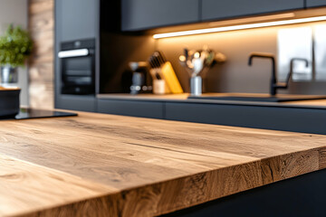 Wooden kitchen countertop with a softly blurred contemporary kitchen