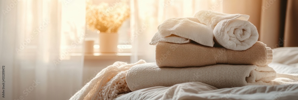 Aufkleber freshly washed towels and bed linens arranged on a cozy bed in a warm, inviting bedroom with soft mo