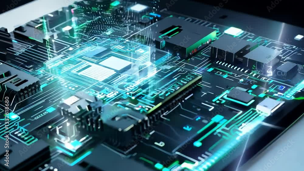 Aufkleber motherboard with chips transferring network signals. circuit board concept with calculations on the 