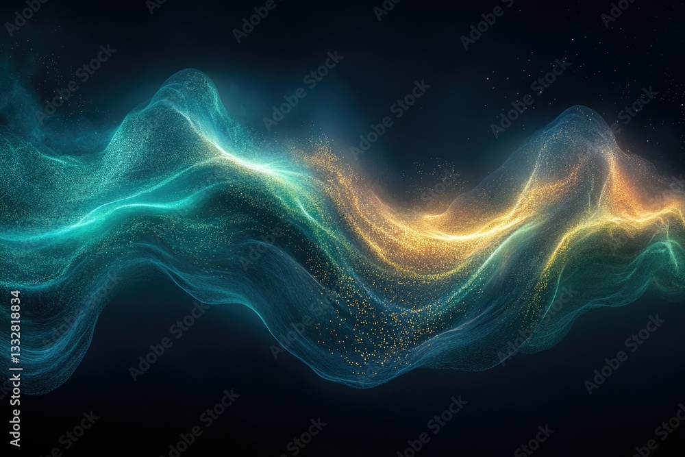 Poster Abstract teal and gold wave-like particles glowing in the dark, creating a mesmerizing visual effect.