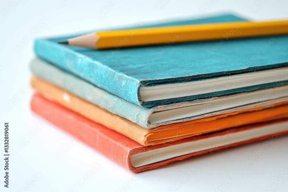 Poster a stack of colorful notebooks with a yellow pencil on top, suggesting learning and education.