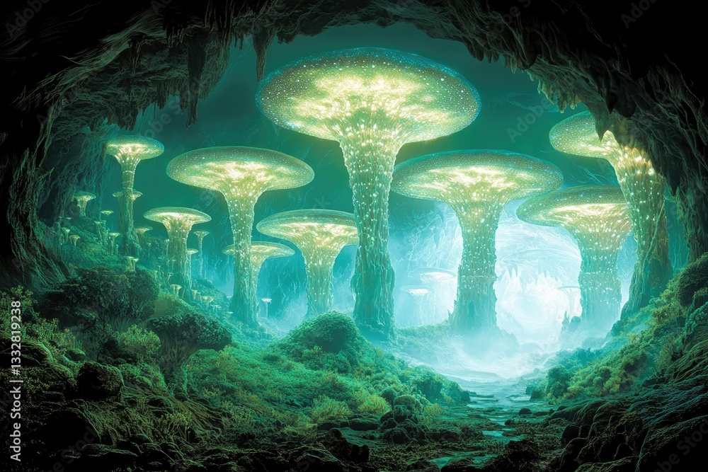 Poster luminous, bioluminescent fungi illuminate an alien cave system, creating a surreal and magical under
