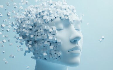 Obraz premium 3D rendering of a head made from white cubes on a light blue background. AI concept