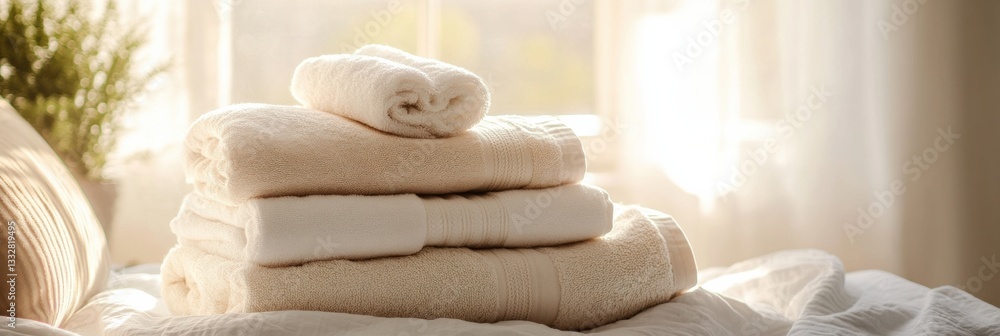 Leinwandbilder Freshly washed towels and linens piled neatly on a cozy bed in a warm bedroom setting filled with soft light Generative AI
