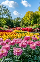 Obraz premium Vibrant Flower Field in Full Bloom with Colorful Chrysanthemums, Serene Sky and Lush Greenery Surrounding a Beautiful Spring Landscape