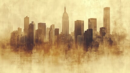 An artistic graphic design of etched cityscapes and architectural imprints, highlighting iconic buildings and urban elements, set against a faded, textured background