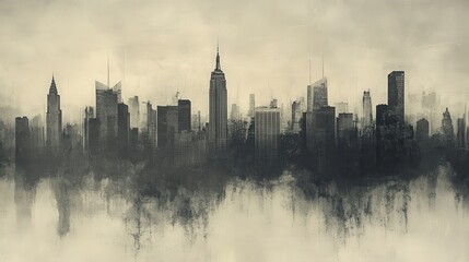 Fototapeta premium An artistic graphic design of etched cityscapes and architectural imprints, highlighting iconic buildings and urban elements, set against a faded, textured background