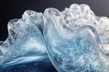 Abstract close-up of icy blue waves, textured and translucent, showcasing intricate details of frozen water.