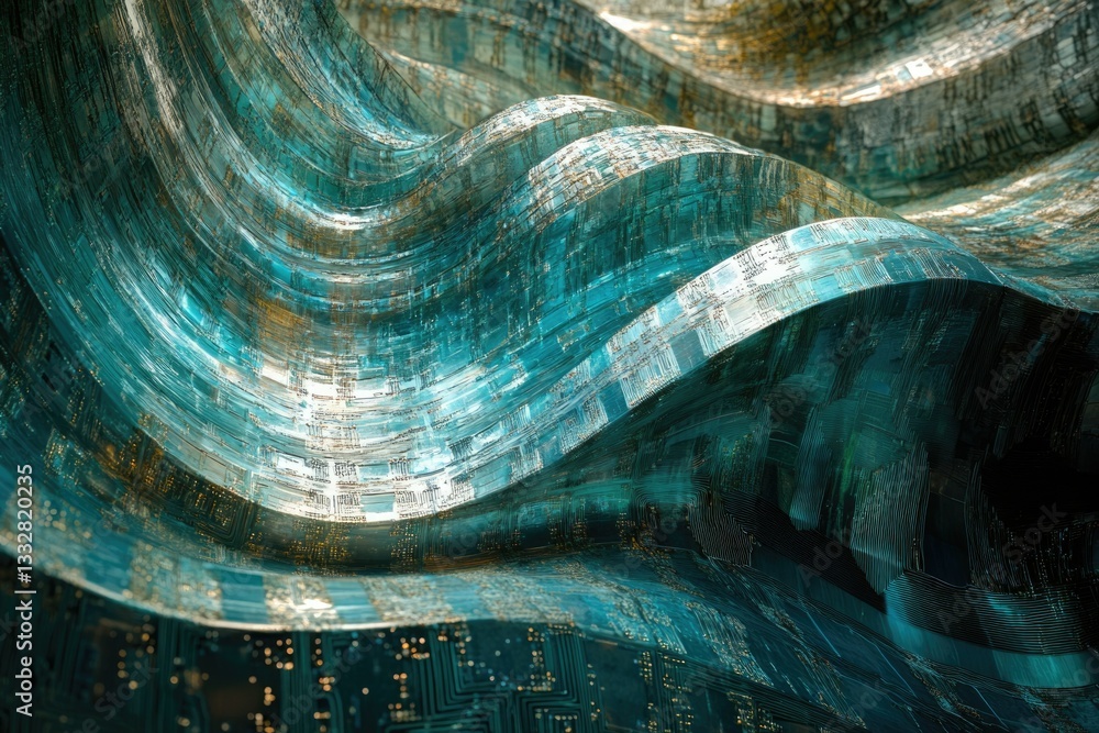 Poster abstract digital wave, teal and gold circuit board texture, flowing data visualization.