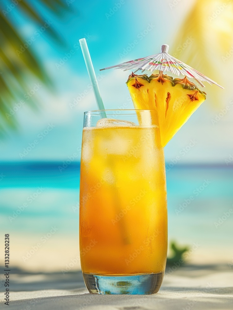 Poster refreshing tropical cocktail with pineapple garnishes in a sunny beach setting generative ai