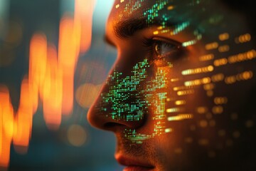 A man's face is overlaid with a futuristic digital data stream, symbolizing technological integration with humanity.