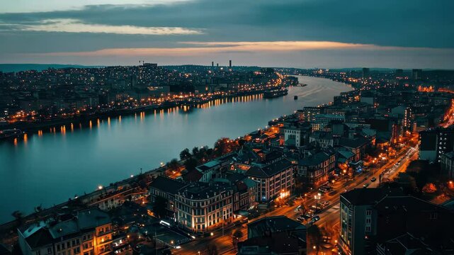 Serene twilight over the river with city lights illuminating Belgrade, Aerial view around the city capitol Belgrade in Serbia on an early night on an autumn day
