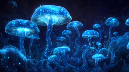 Bioluminescent mycelium network. Bioluminescent Fungi. Illustration