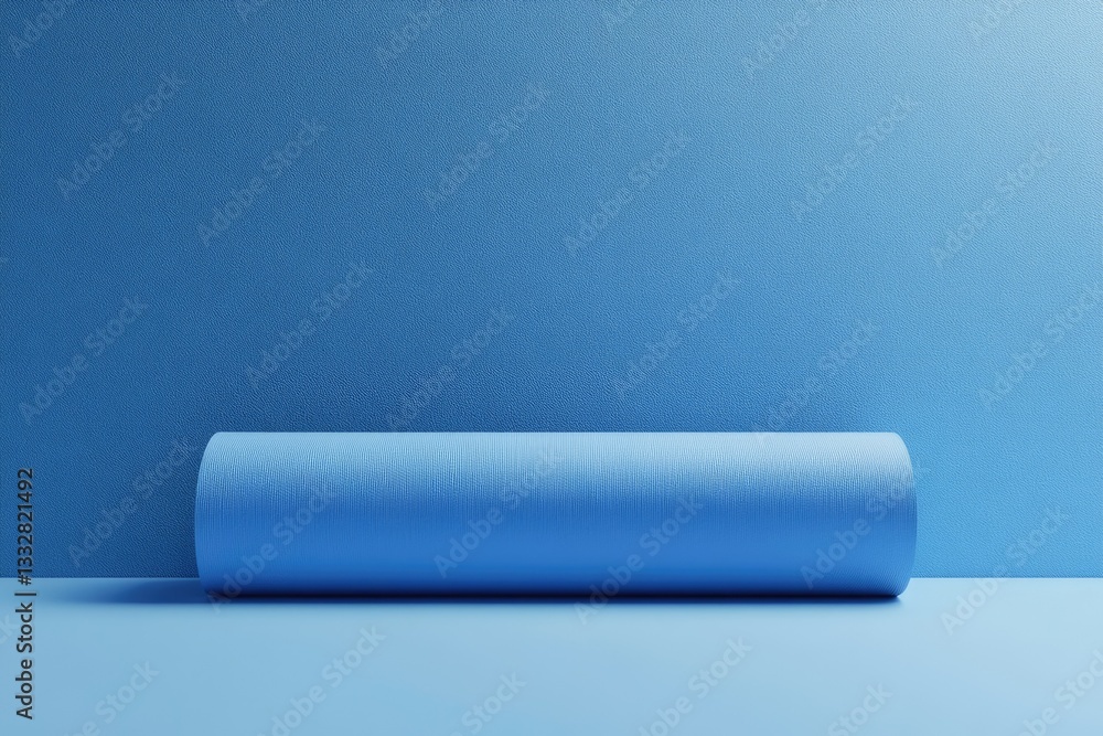 Poster a rolled-up blue cylinder rests against a matching blue background, creating a minimalist and serene
