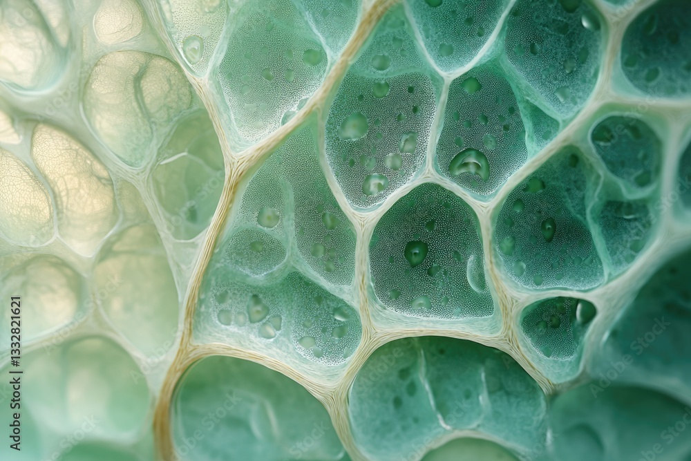 Poster Close-up view of a translucent, cellular structure with a network of interconnected compartments in shades of green.