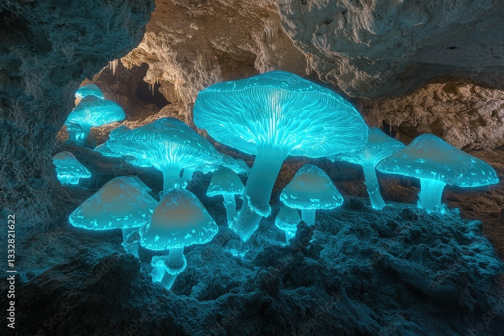 Poster bioluminescent mushrooms illuminate a dark cave, creating an ethereal, magical scene.