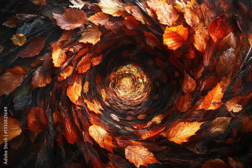 Poster autumn leaves swirling into a vortex, creating a mesmerizing tunnel of fall colors.