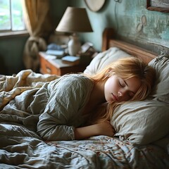 A young woman rests peacefully in her bed asleep