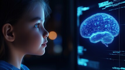 Child engrossed in a digital brain projection