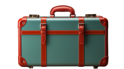 Teal Suitcase Retro Travel Bag, Red Leather Accents for Ocean-Themed Journeys.