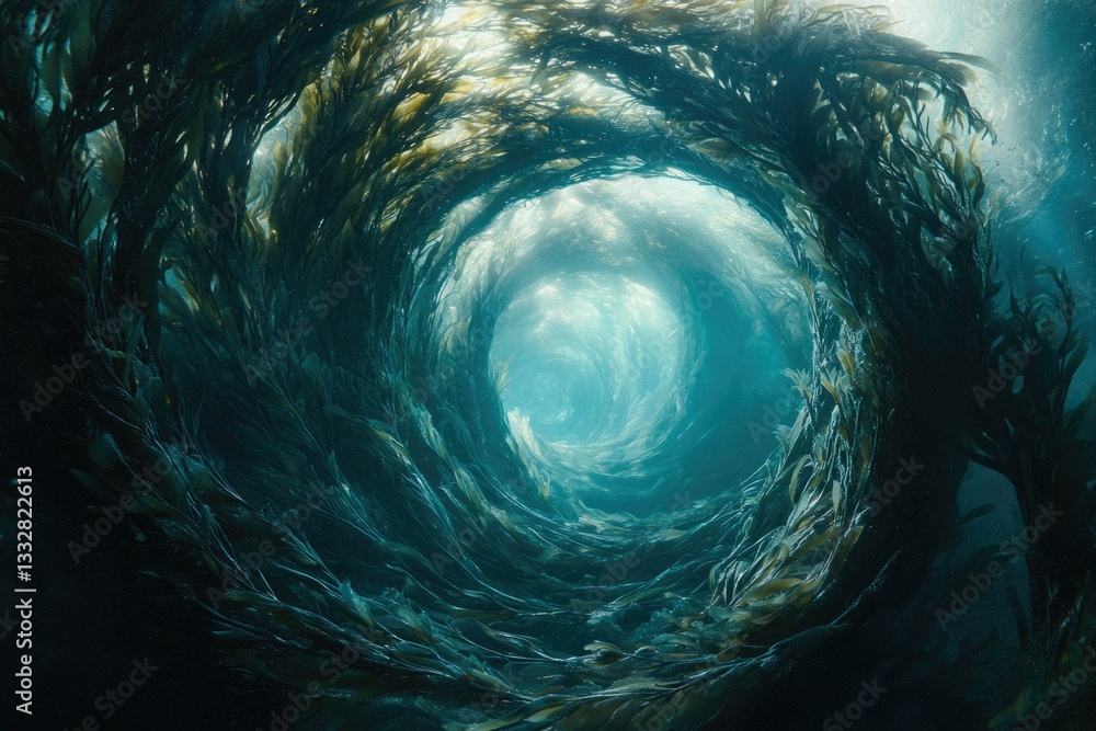 Poster A mesmerizing underwater vortex of kelp forest, creating a swirling, ethereal tunnel of light and shadows.