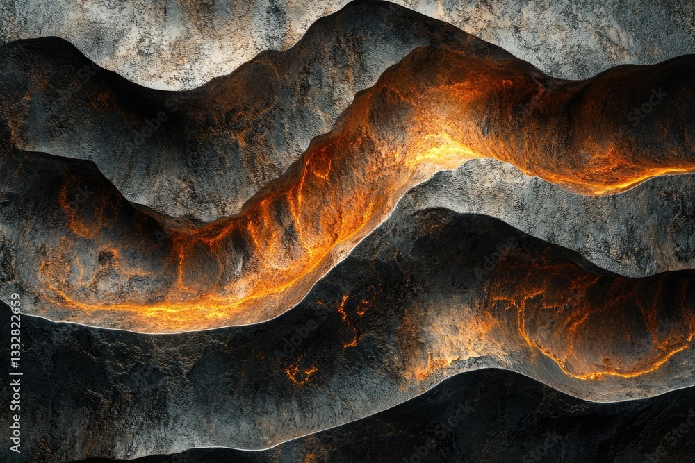 Aufkleber abstract art depicting flowing lava-like forms within dark, textured rock formations.