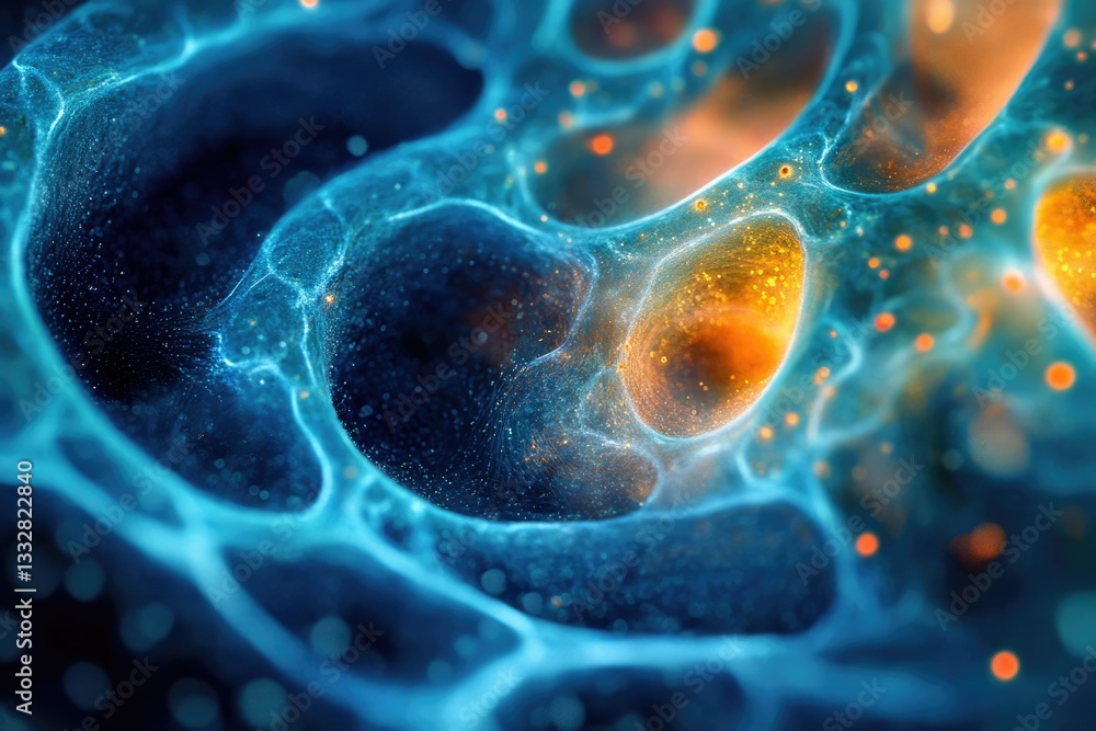 Poster microscopic view of cellular structures, showcasing intricate network and glowing organelles.
