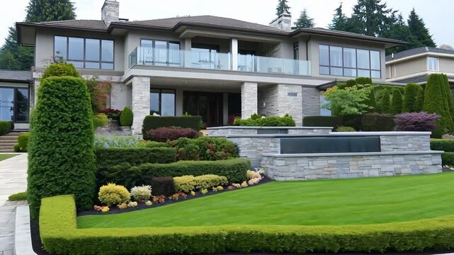 Stunning modern suburban house with lush landscaping and panoramic views of the neighborhood