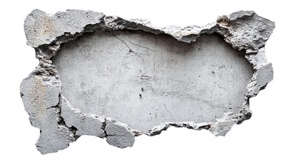 Hole in concrete wall with rough edges, cut out. Isolated on a transparent background.
