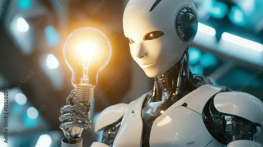 Poster a robotic figure presents a glowing light bulb in a high tech environment filled with advanced techn