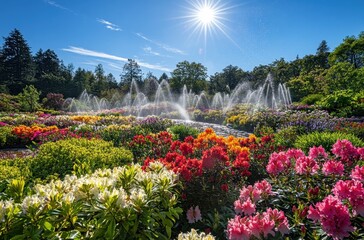 Naklejka premium Vibrant Flower Garden with Colorful Blooms and Water Fountains Under Bright Sunlight in a Lush Natural Landscape