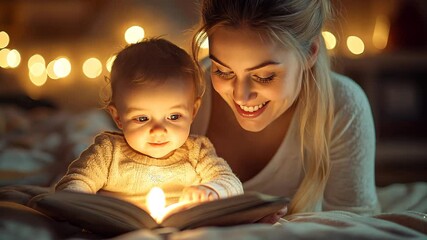 Mother and child reading a book by candlelight. - Powered by Adobe
