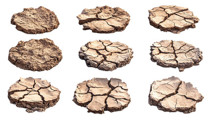 Set of cracked desert landscapes with dry earth, cut out. Isolated on a transparent background.