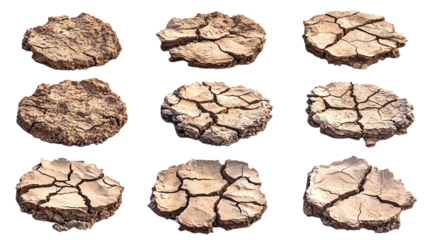 Set of cracked desert landscapes with dry earth, cut out. Isolated on a transparent background.