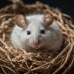 Comfort zone of a laboratory mouse. Close-up of a mouse in a nest.