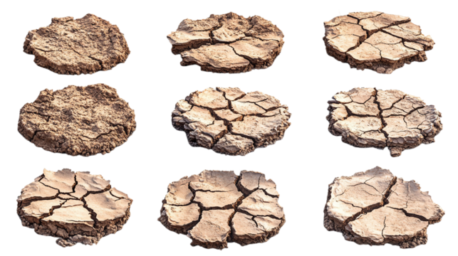 Set of cracked desert landscapes with dry earth, cut out. Isolated on a transparent background.
