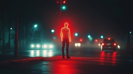 Fototapeta premium Lonely figure in neon lights at traffic intersection urban night digital artwork futuristic vibe