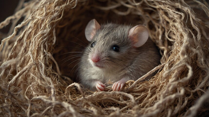 Comfort zone of a laboratory mouse. Close-up of a mouse in a nest.