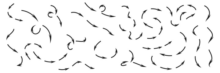 Set of Black curved arrows collection. Arrow sign, Curved arrows, Wind movement arrow symbol. Vector Illustration.